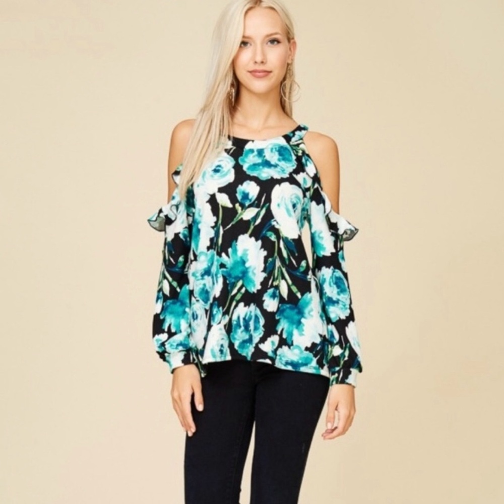 Papermoon Janice Cold Shoulder Floral Printed Black Top Sz SM NWT